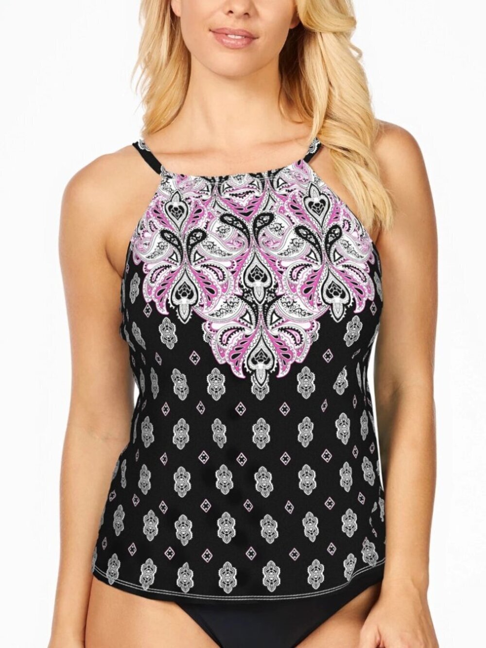 ISLAND ESCAPE Black White Sands Cali Tankini Swimsuit High Neck Surf Size 8 NWT